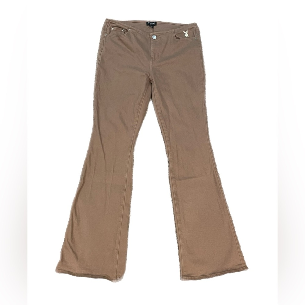 Playboy PacSun Tiger Mist Bunny Logo Khaki Flare Jeans Y2K Mid Rise Tan Pants 28